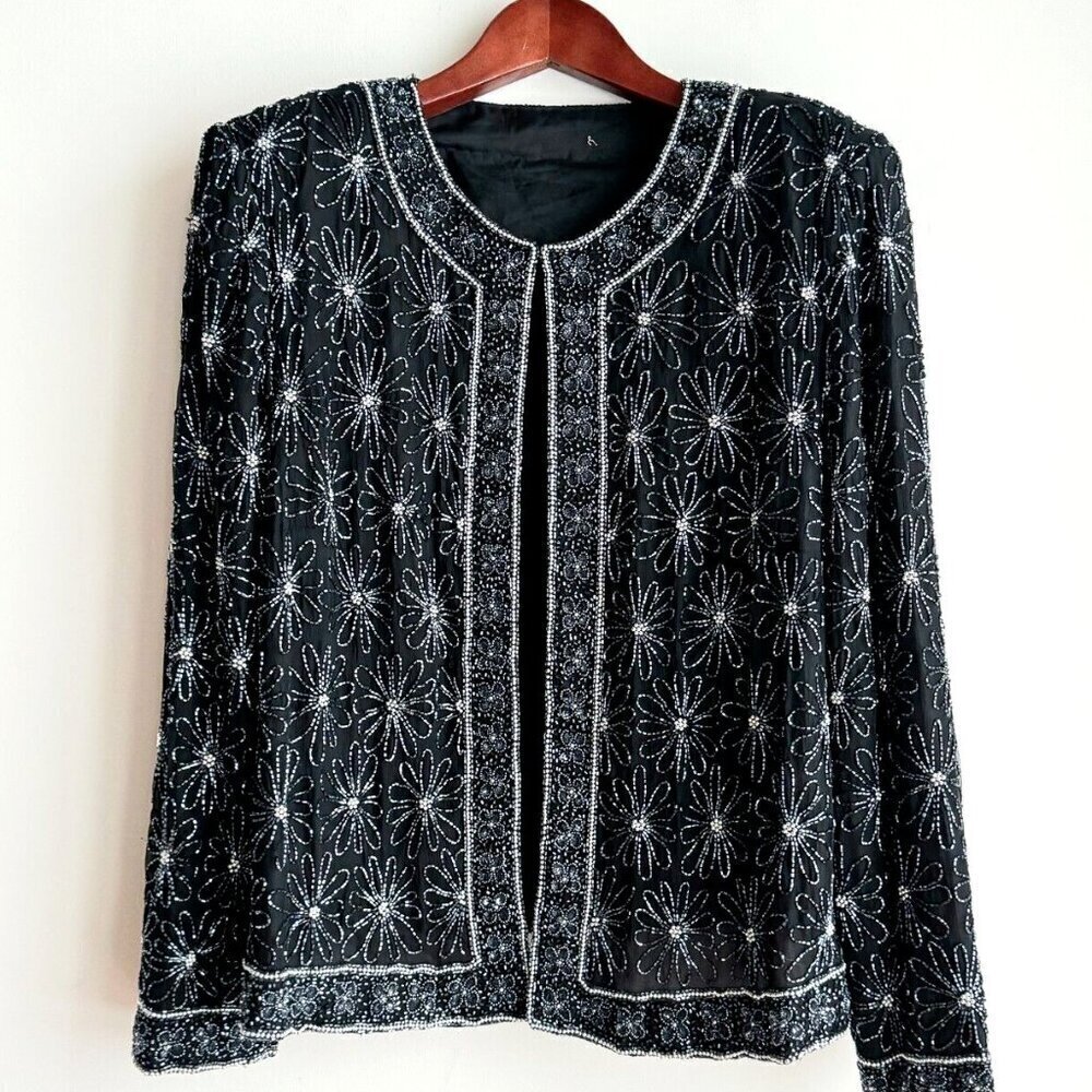 Vintage Fully Beaded Floral Black Silver Mother of The Bride Cocktail Jacket L
